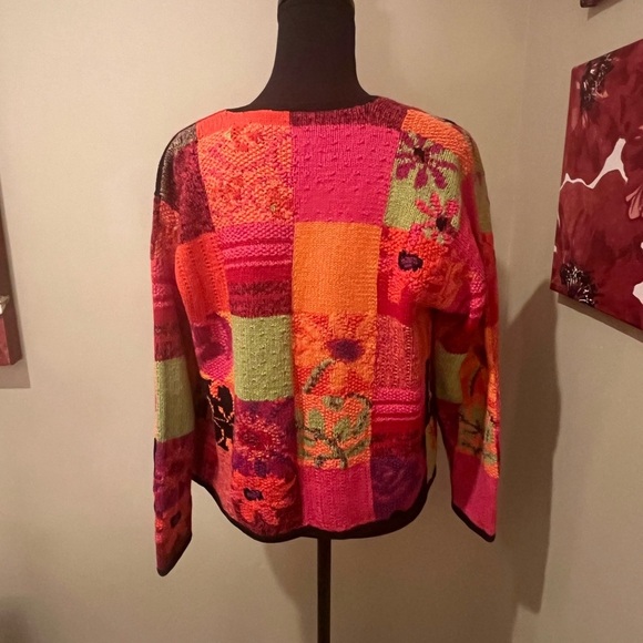 Vintage Hand Knit Susan Bristol Patchwork Cardigan, Pink,Orange & Green, Small - Picture 2 of 6